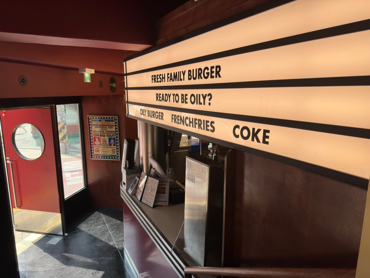 Backlit marquee — Fresh Family Burger, Ready To Be Oily?